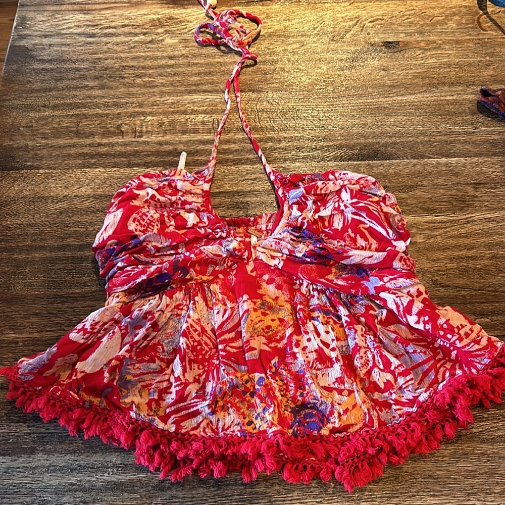 FREE PEOPLE kahlo  Red Floral Boho 2-Piece Halter Top & Tiered Maxi Skirt Set xs - Picture 5 of 16